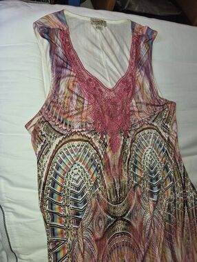 ONE WORLD Pink Multicolor Sleeveless V-Neck Dress